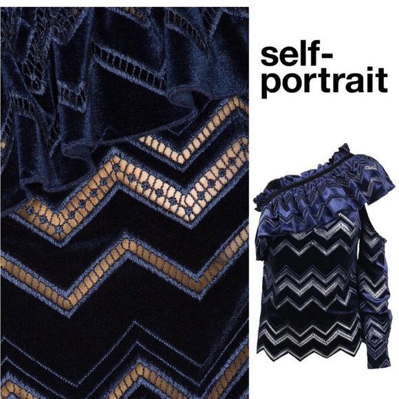 Self-Portrait Zig Zag Embroidered Velvet Top US 4 Navy One Shoulder Ruffle - Picture 4 of 8